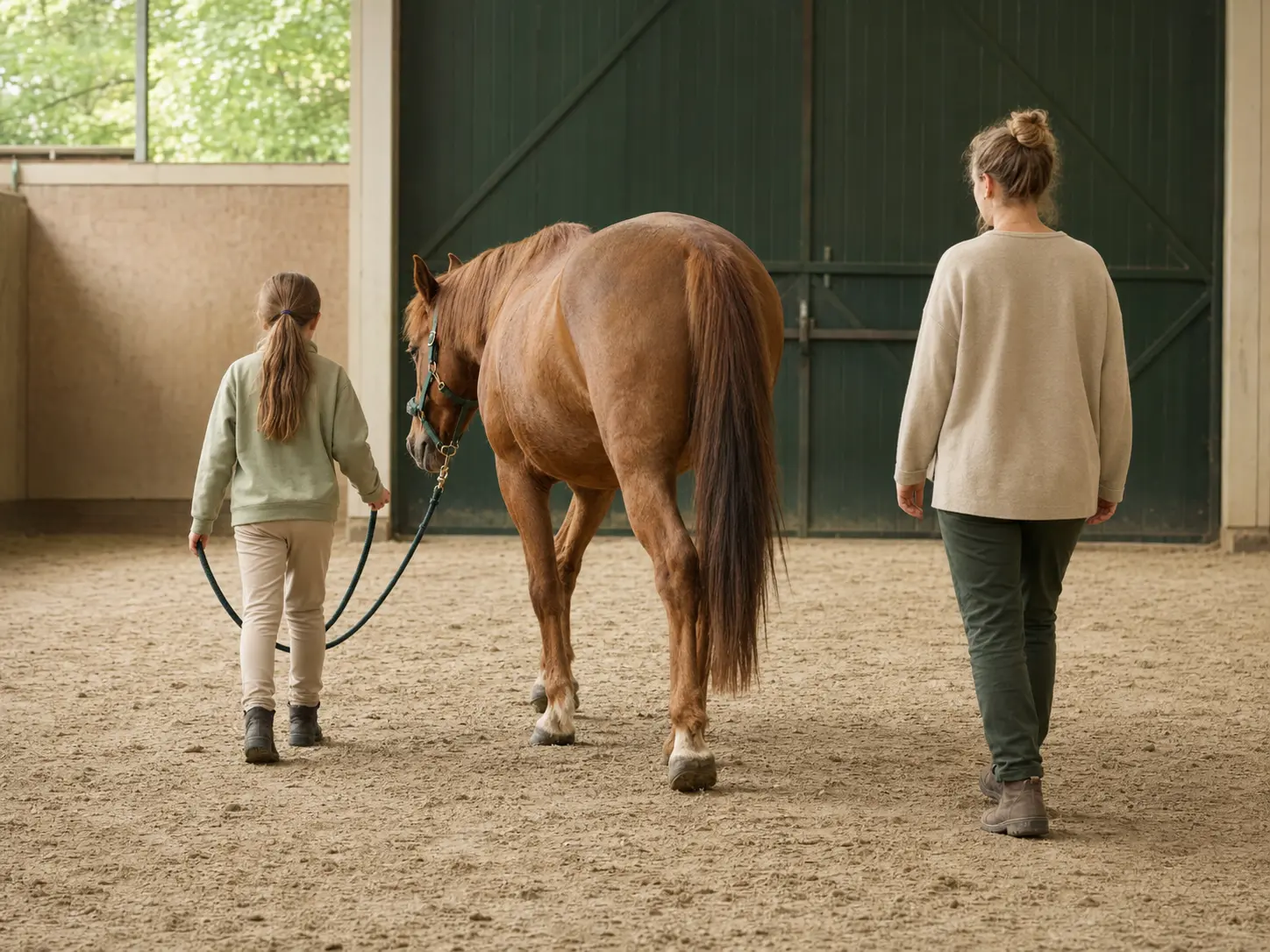 Kind führt ein Pferd am Führstrick, eine erwachsene Person begleitet die Situation aufmerksam