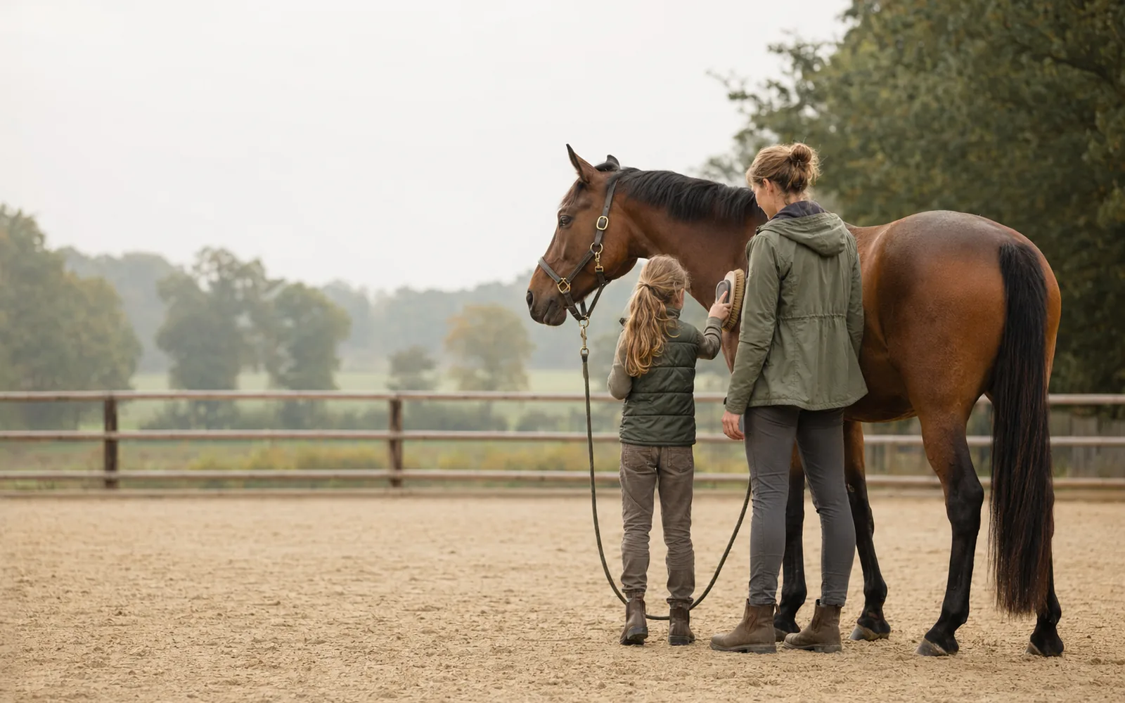 Kind putzt gemeinsam mit einer Ergotherapeutin ein Pferd auf dem Reitplatz