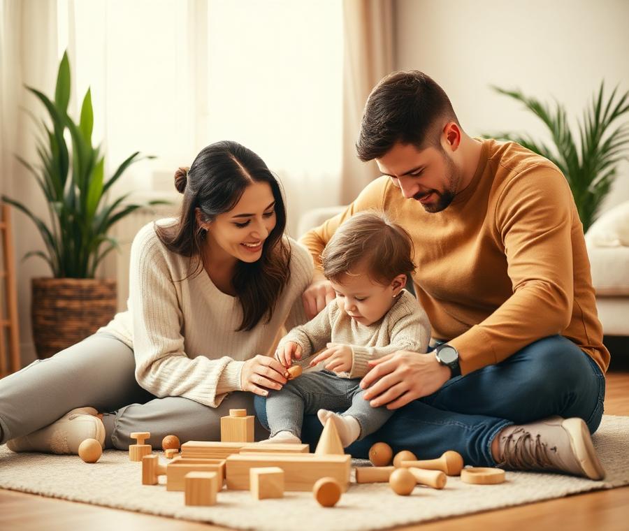 Eltern spielen mit ihrem Kind mit Holzspielzeug