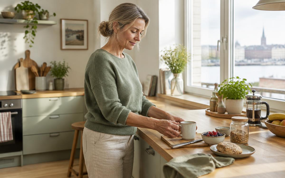 Frau bereitet in einer hellen Küche selbstständig ihr Frühstück vor