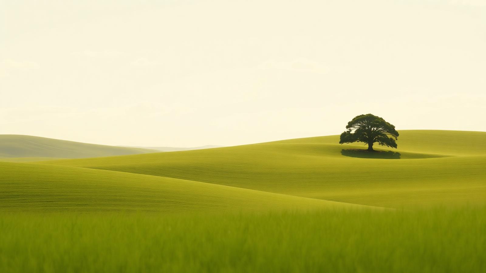 Weite grüne Hügellandschaft mit einem einzelnen Baum unter hellem Himmel