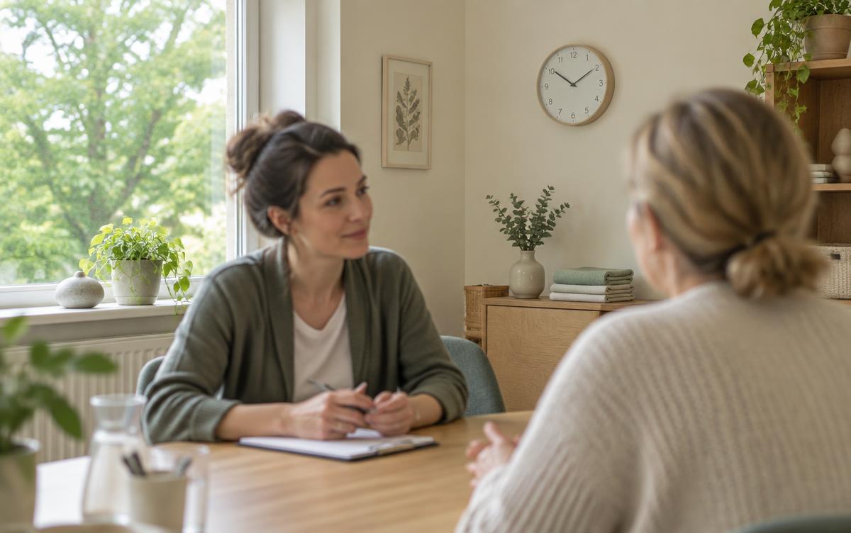 Gesprächssituation in einem hellen Therapieraum mit Uhr im Hintergrund